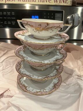 Royal Tettau Germany 1794 Elegance Rose Footed Cream Soup and Saucer Set of 4